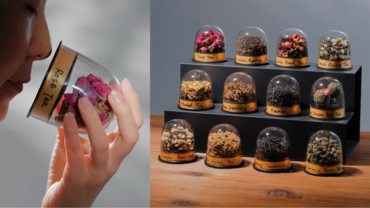 Woman smelling Loose leaf tea display