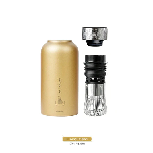 Matcha Lover Flask™ in Gold showing the  built-in whisk system, designed for smooth on-the-go matcha preparation.