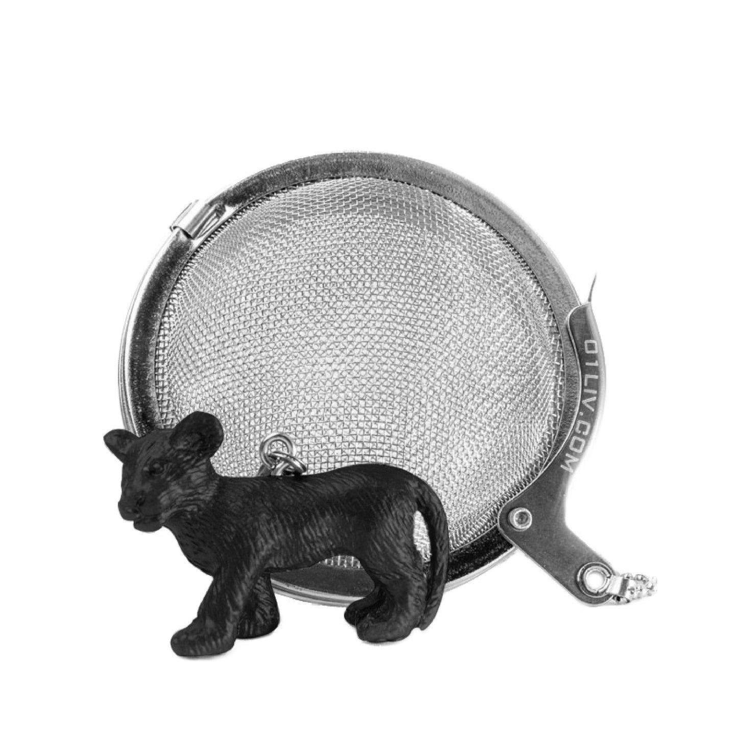 Loose Leaf Tea Ball Infuser crafted from 304 food-grade stainless steel with fine mesh, attached chain and decorative Lion charm for easy loose-leaf tea brewing.