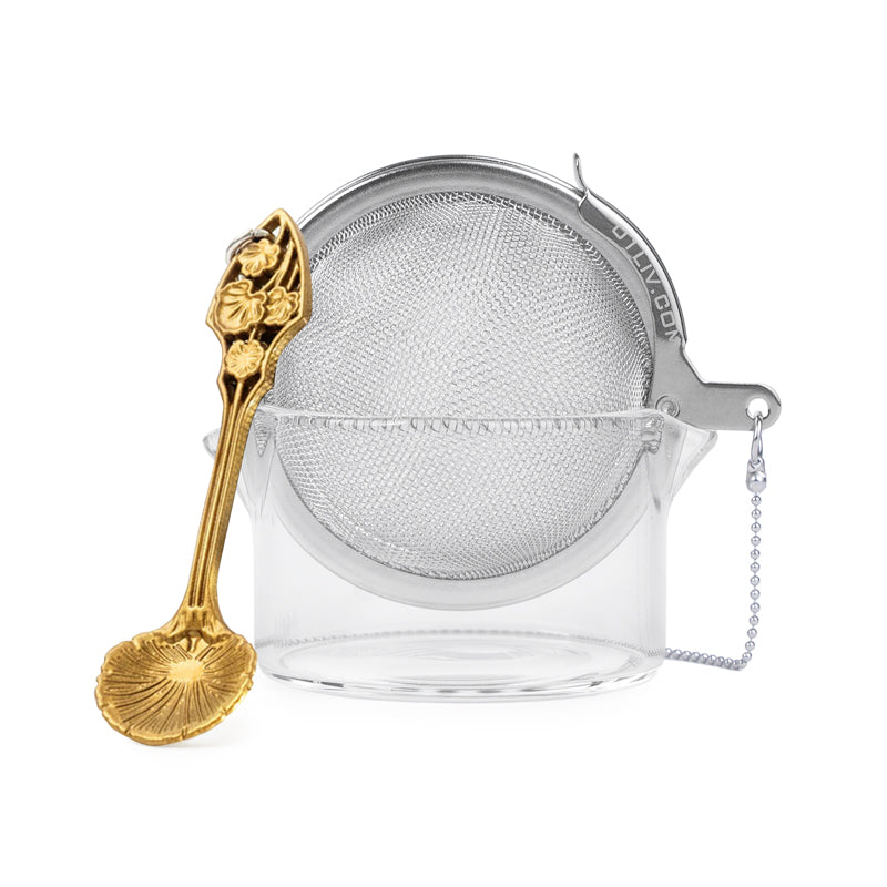 Loose Leaf Tea Ball Infuser crafted from 304 food-grade stainless steel with fine mesh, attached chain and decorative Gold Lobed Spoon charm for easy loose-leaf tea brewing.
