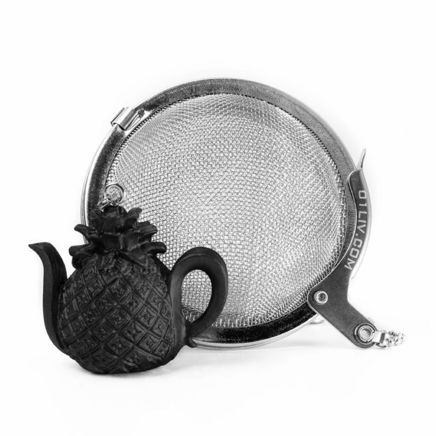Loose Leaf Tea Ball Infuser crafted from 304 food-grade stainless steel with fine mesh, attached chain and decorative Pineapple Teapot charm for easy loose-leaf tea brewing.