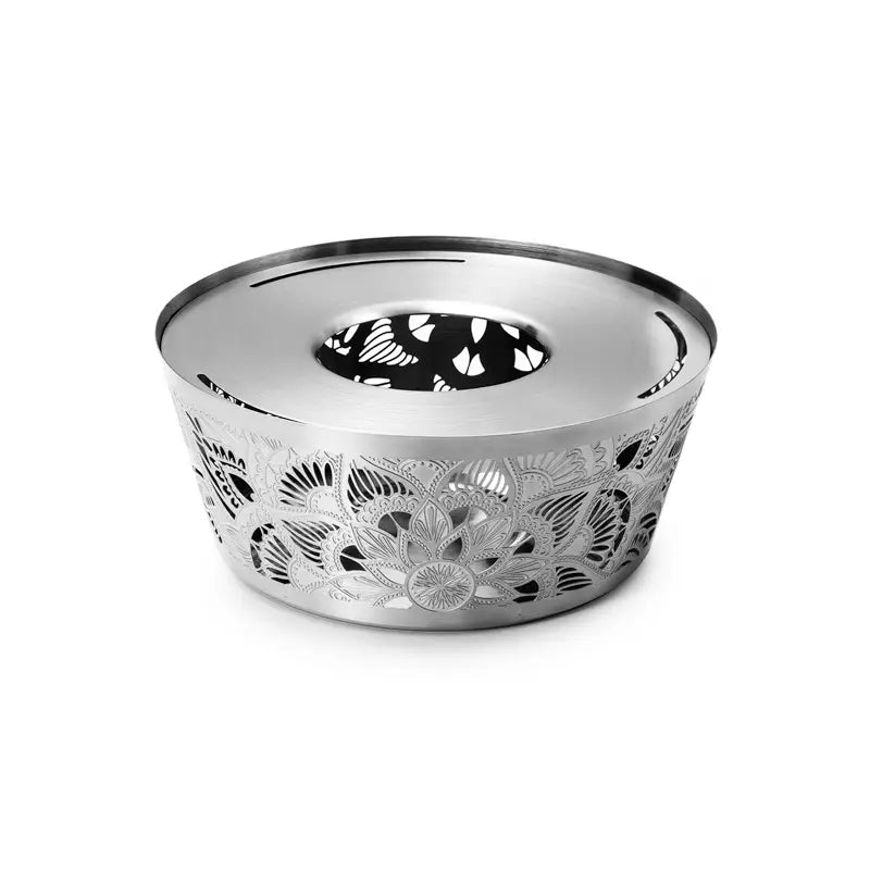 Mandala Tea Warmer in Silver with intricate decorative pattern and removable lid, designed for warming glass and stainless steel teapots.