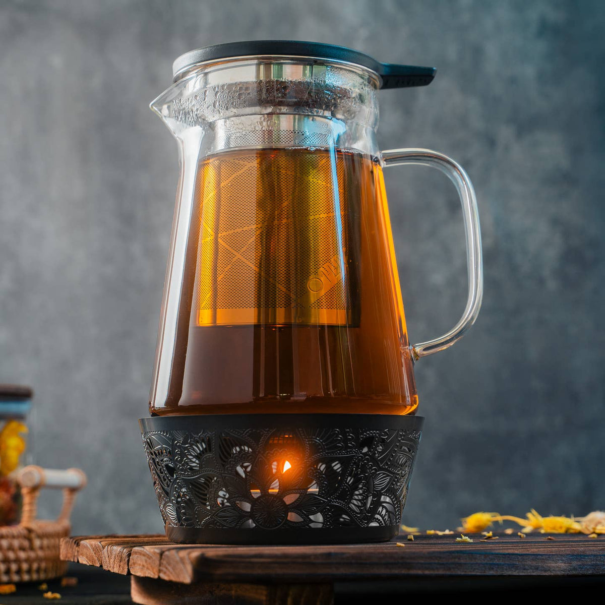 Glass Teapot with a modern designed mandala patterned tea warmer to retain heat