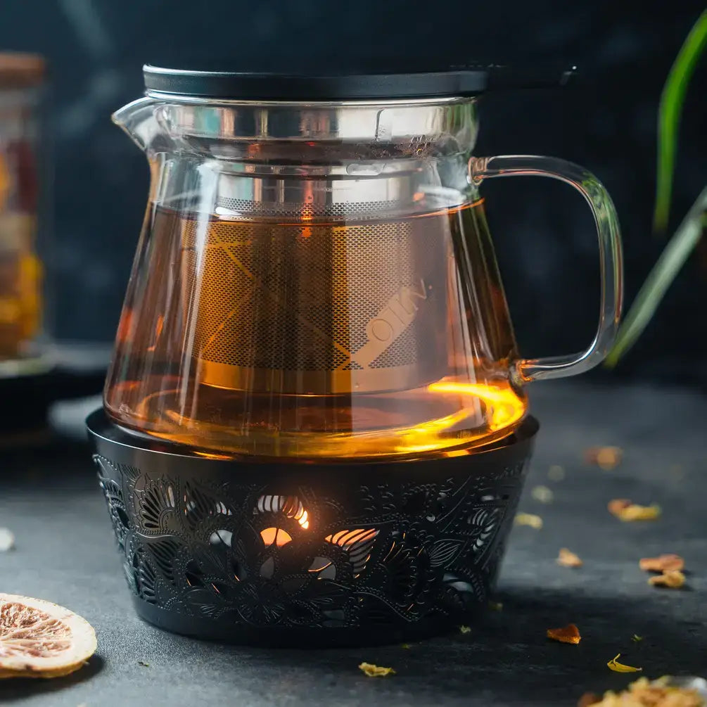 Desktop Glass Teapots in 500ml displayed with Black Mandala Tea Warmer, showcasing modern tea brewing, serving, and warming for an elevated tea ritual.