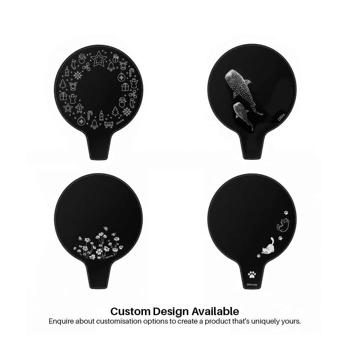 A sleek oval-shaped black tea pot lid with  various designs and text advertising custom options available