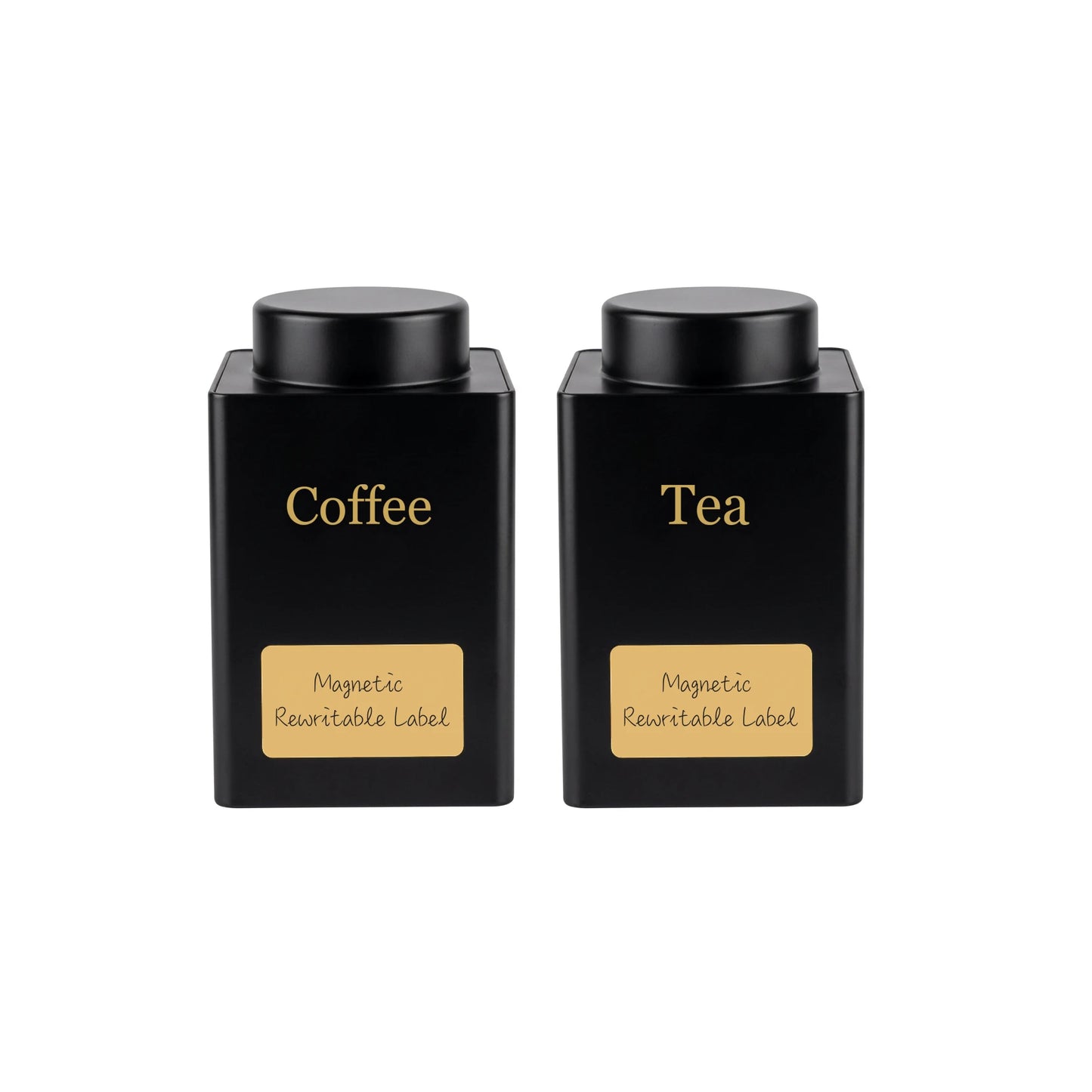 01Living Square Tea & Coffee Canister Set in matte black with magnetic label for storing tea, coffee, and botanicals.