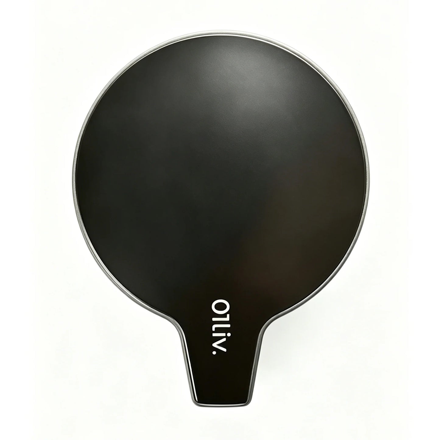 A sleek oval-shaped black tea pot lid with a central 01Liv. logo, and a ergonomic handle. 