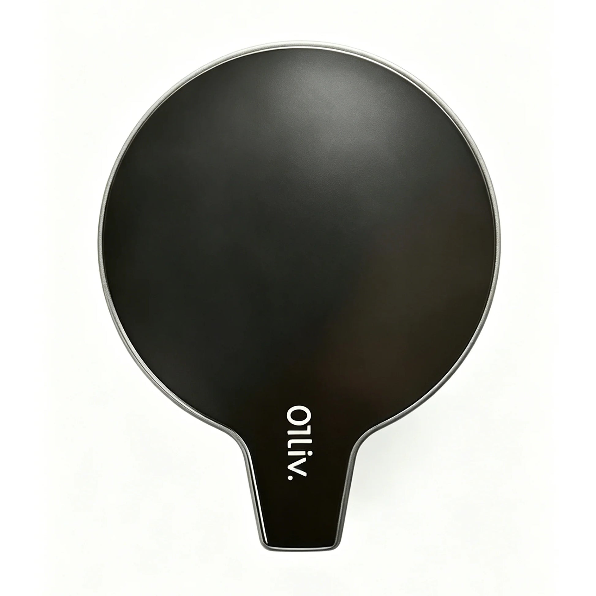 A sleek oval-shaped black tea pot lid with a central 01Liv. logo, and a ergonomic handle. 