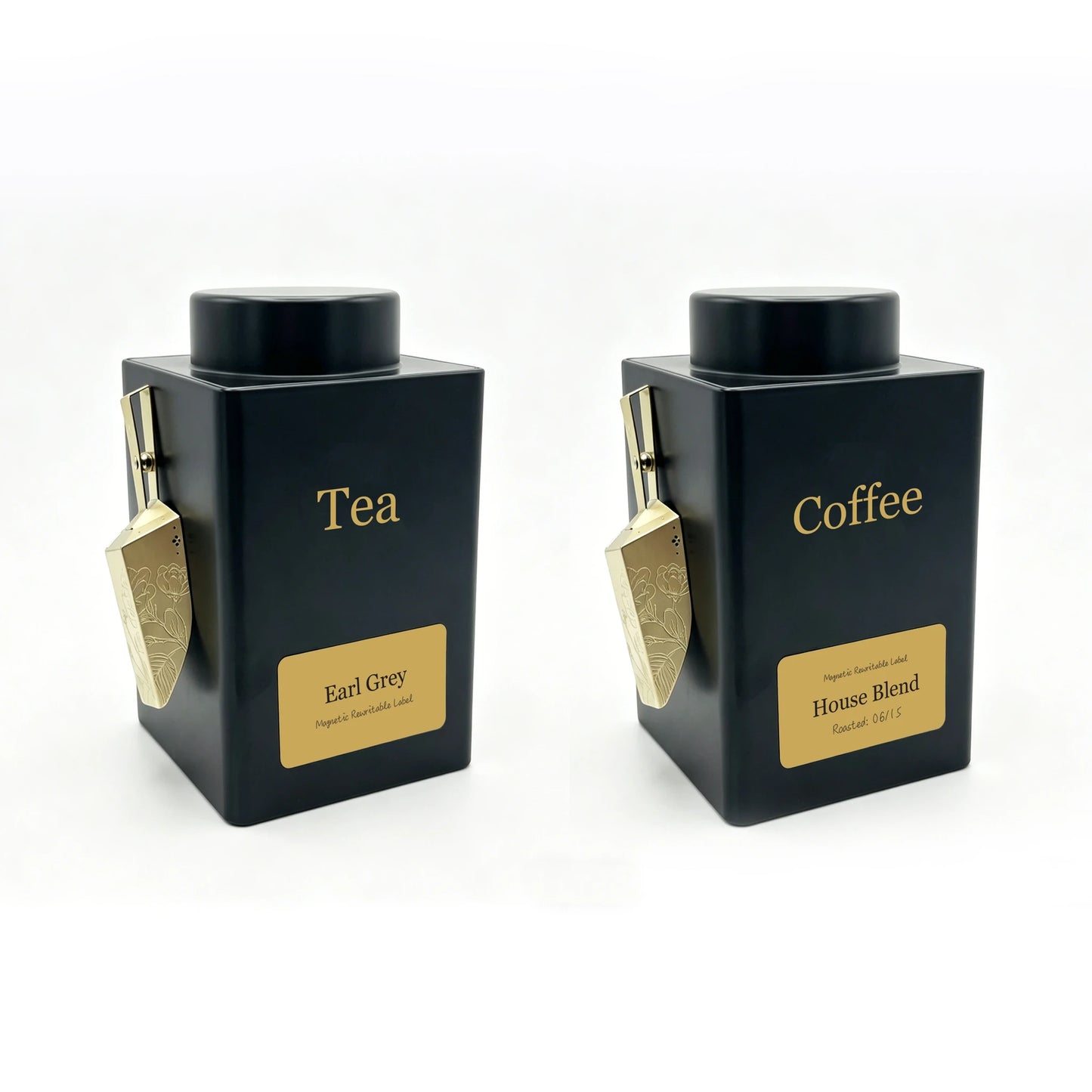 Black Tea & Coffee Canisters with Gold Magnetic Magic-Scoop™ attached to each tin, showcasing organised storage for loose-leaf tea, coffee, and botanicals.