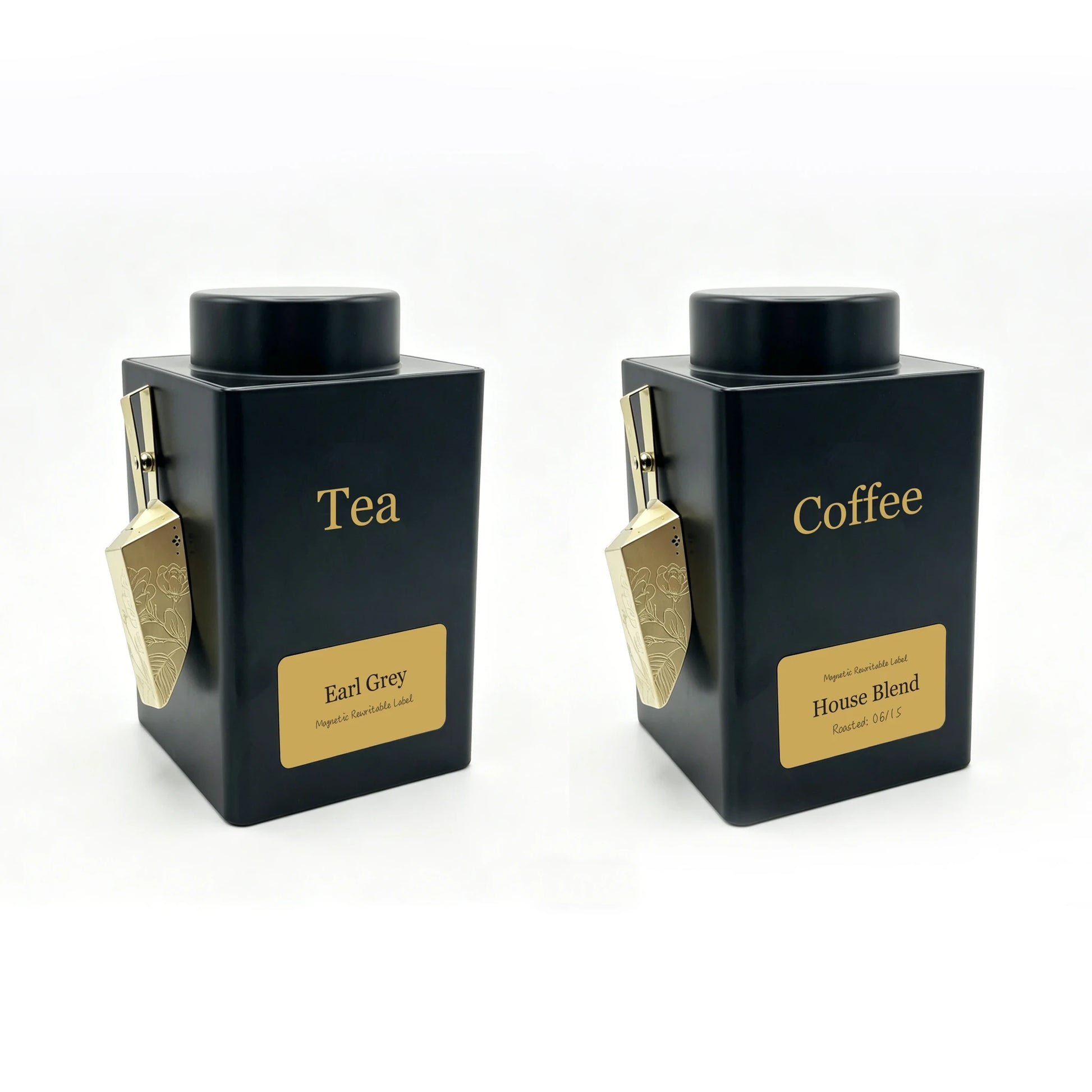 Black Tea & Coffee Canisters with Gold Magnetic Magic-Scoop™ attached to each tin, showcasing organised storage for loose-leaf tea, coffee, and botanicals.