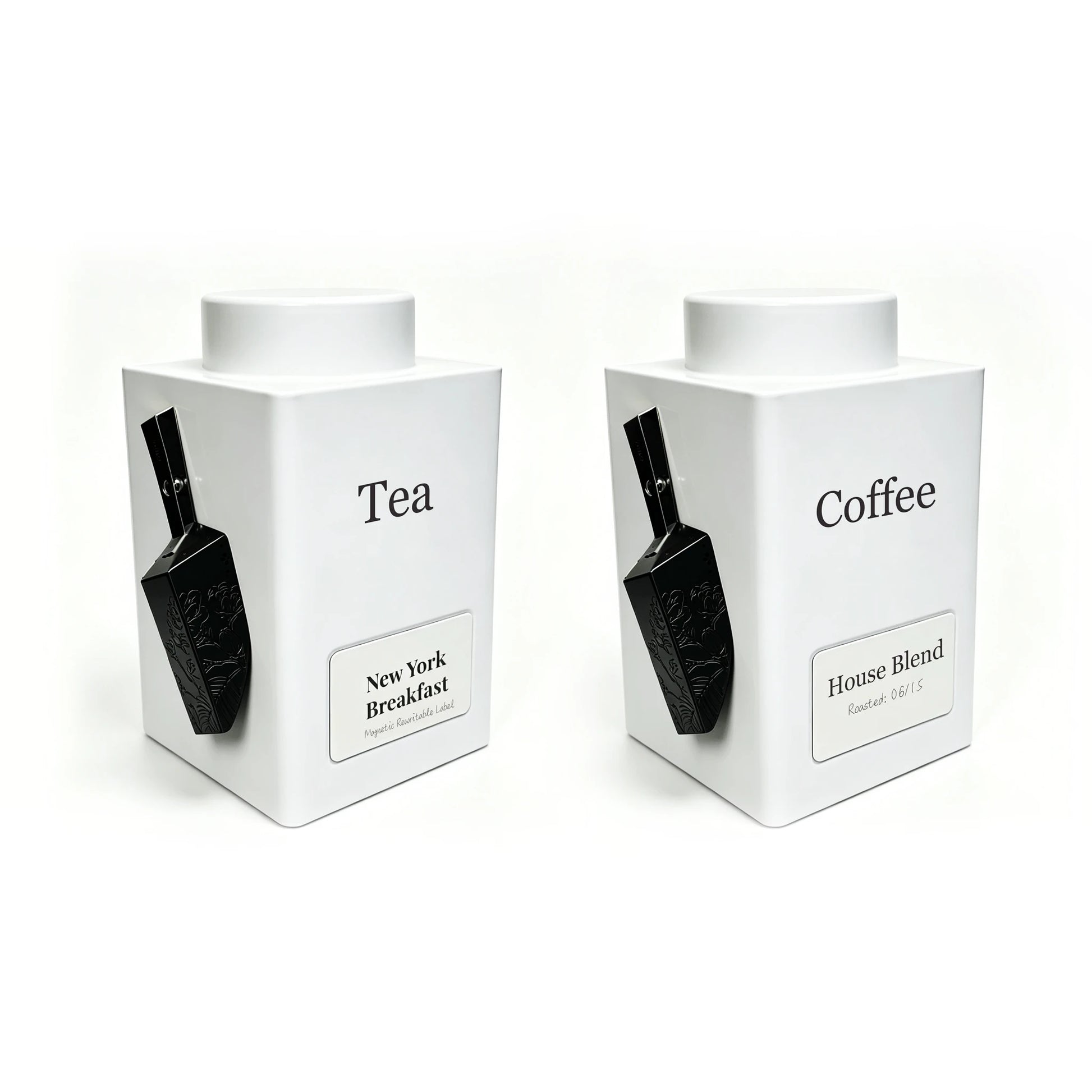 White Tea & Coffee Canister labelled “Tea”  & "Coffee" with a Black Magnetic Magic-Scoop™ attached to each tin, designed for organised loose-leaf tea storage.