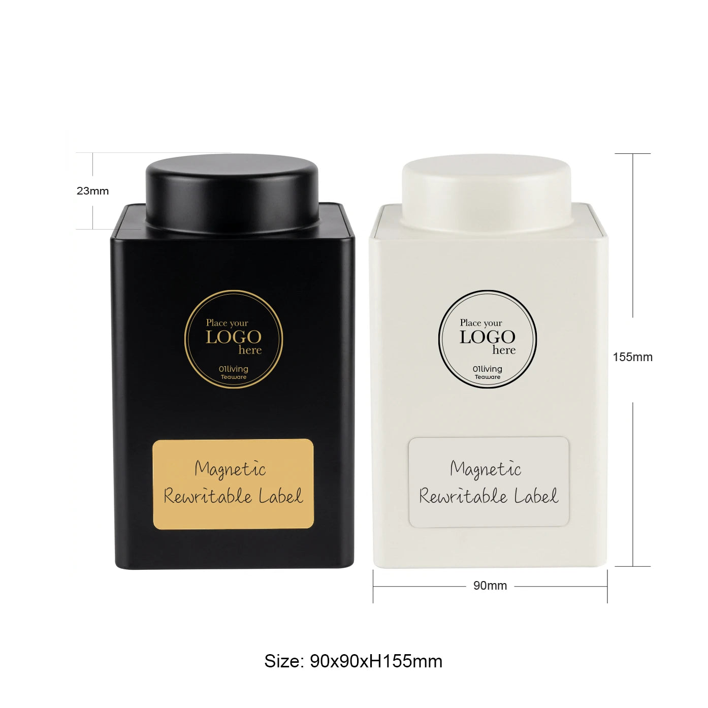 Two square tea and coffee canisters with magnetic rewritable labels displayed on a white background. One features a matte black finish with a gold label, while the other has a matte white finish with a matching white lid and white label. Dimension lines indicate each canister measures 90 × 90 × 155 mm.