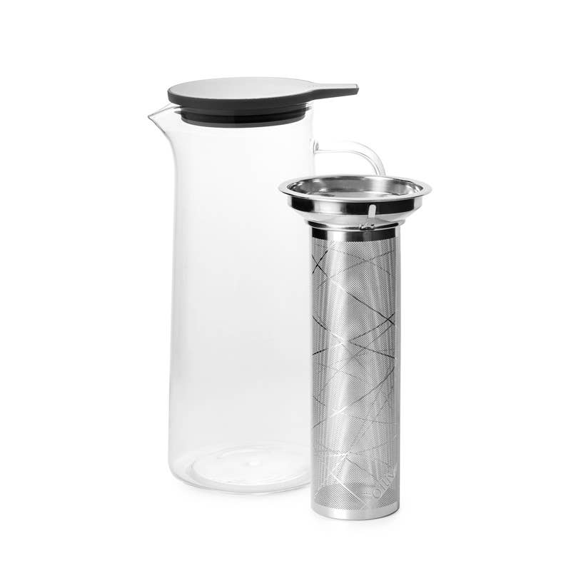 1.5L Glass Iced Tea Jug with removable infuser shown with the infuser outside the jug, ready for serving chilled tea, fruit-infused water and summer beverages.