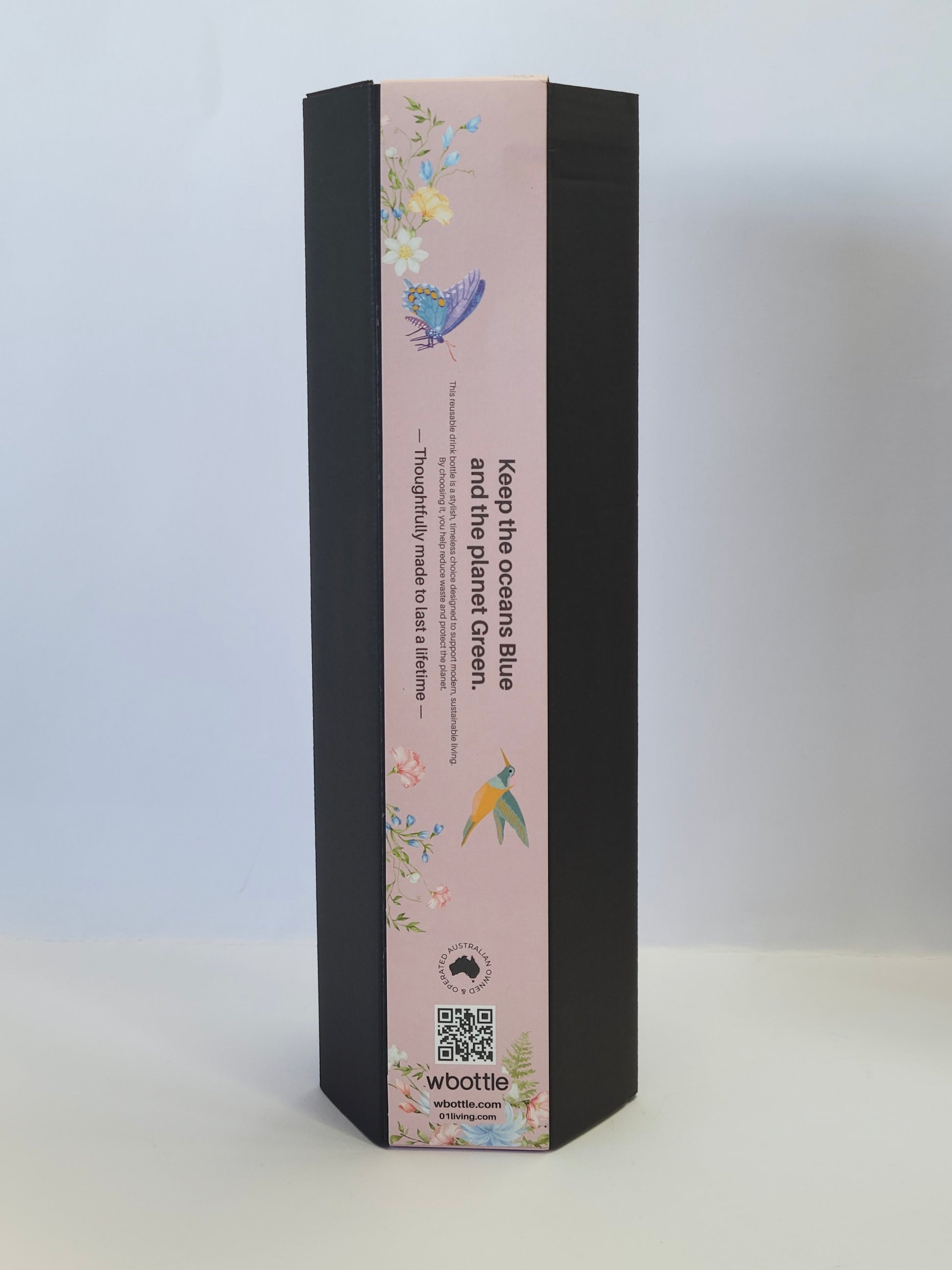 Back view of Pink Hummingbird Thermal Tea Flask 500ml / 17oz retail packaging, displaying product features and information for the reusable insulated tea bottle.