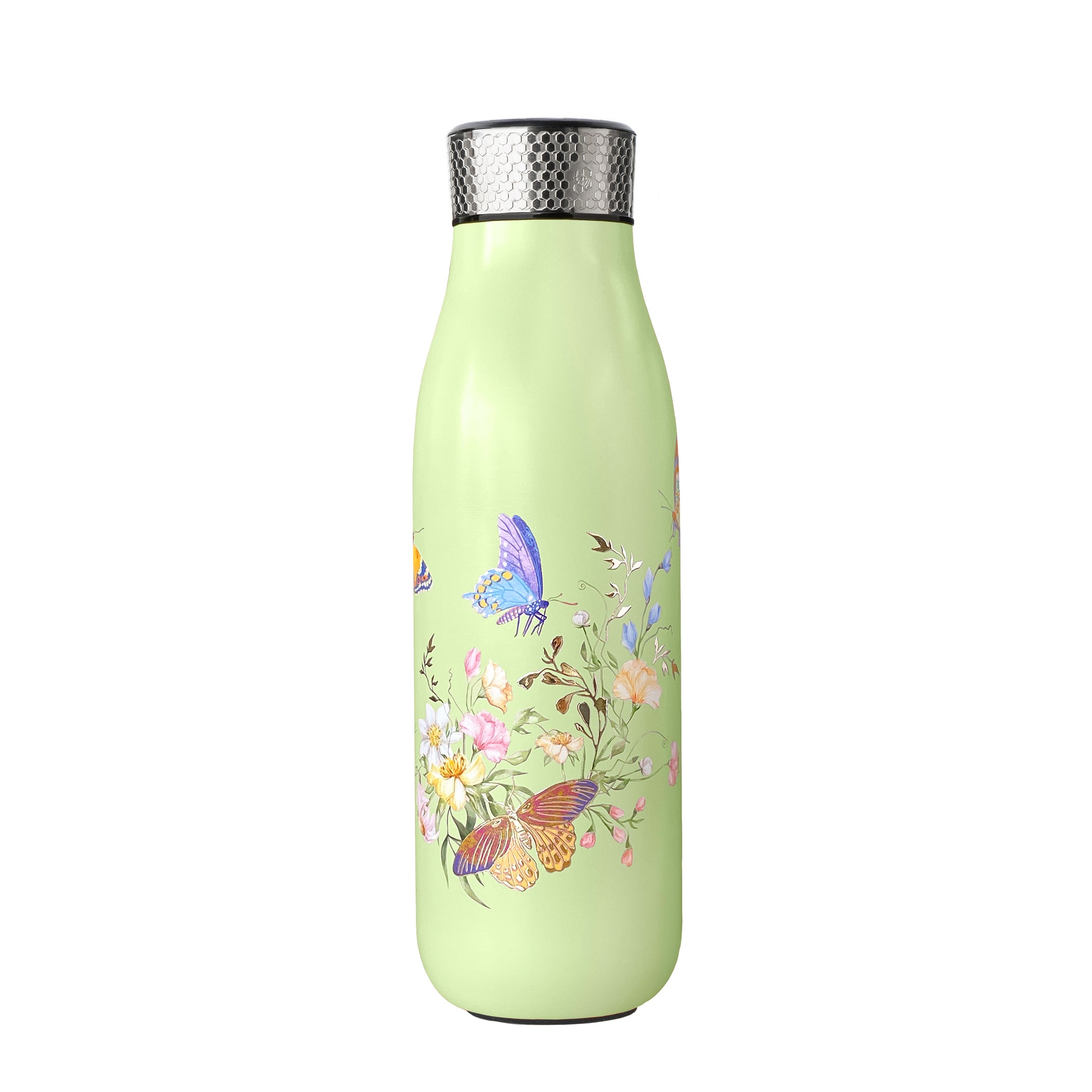 Butterfly Thermal Tea Flask in Green, 500ml / 17oz, with built-in stainless steel tea infuser and vacuum-insulated stainless steel body.