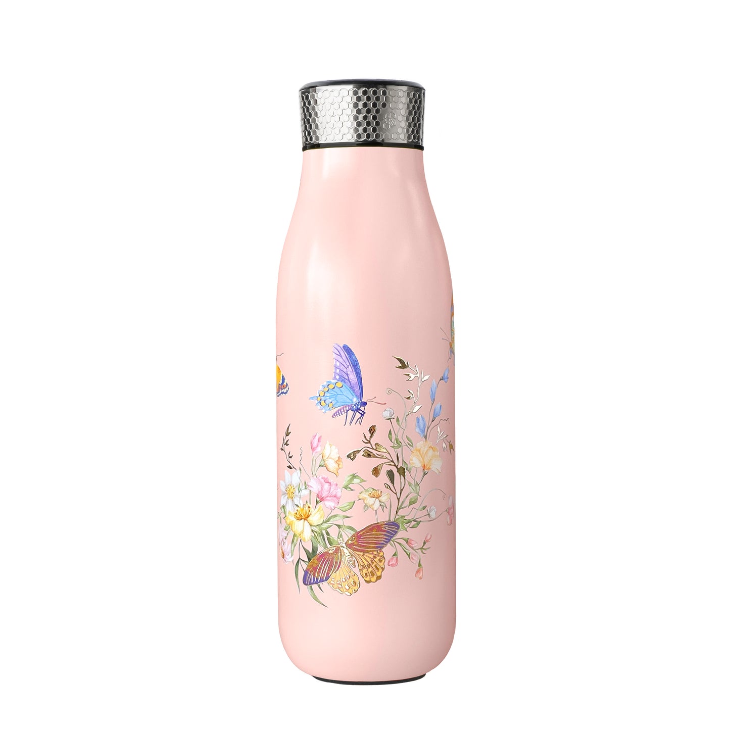 Butterfly Thermal Tea Flask in Pink, 500ml / 17oz, with built-in stainless steel tea infuser and vacuum-insulated stainless steel body.