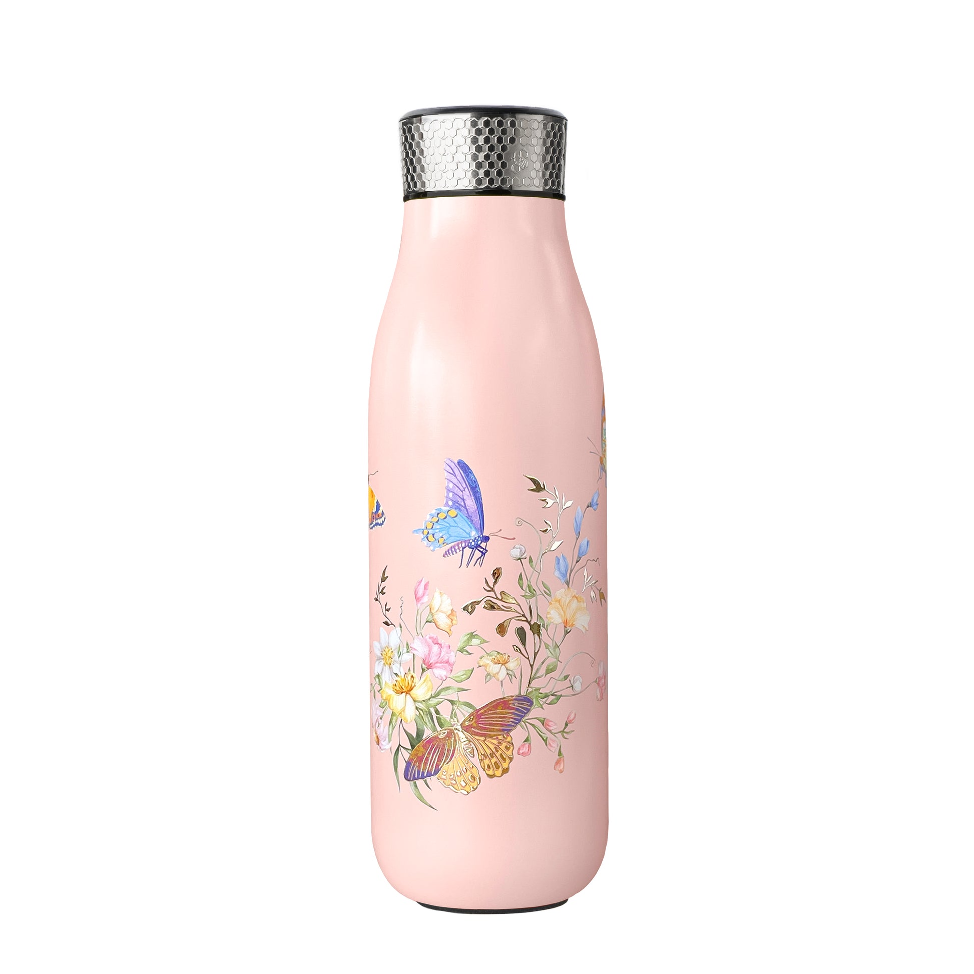 Butterfly Thermal Tea Flask in Pink, 500ml / 17oz, with built-in stainless steel tea infuser and vacuum-insulated stainless steel body.