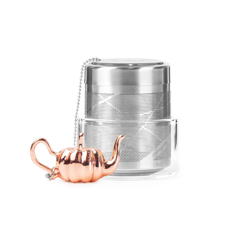 01Living Rose Gold coloured pumpkin-shaped ChiChi tea infuser with plain white background