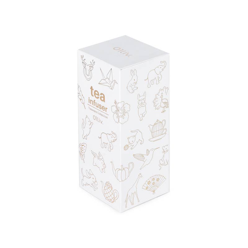 01living ChiChi Tea infuser packaging with fine gold animal illustrations on a white background