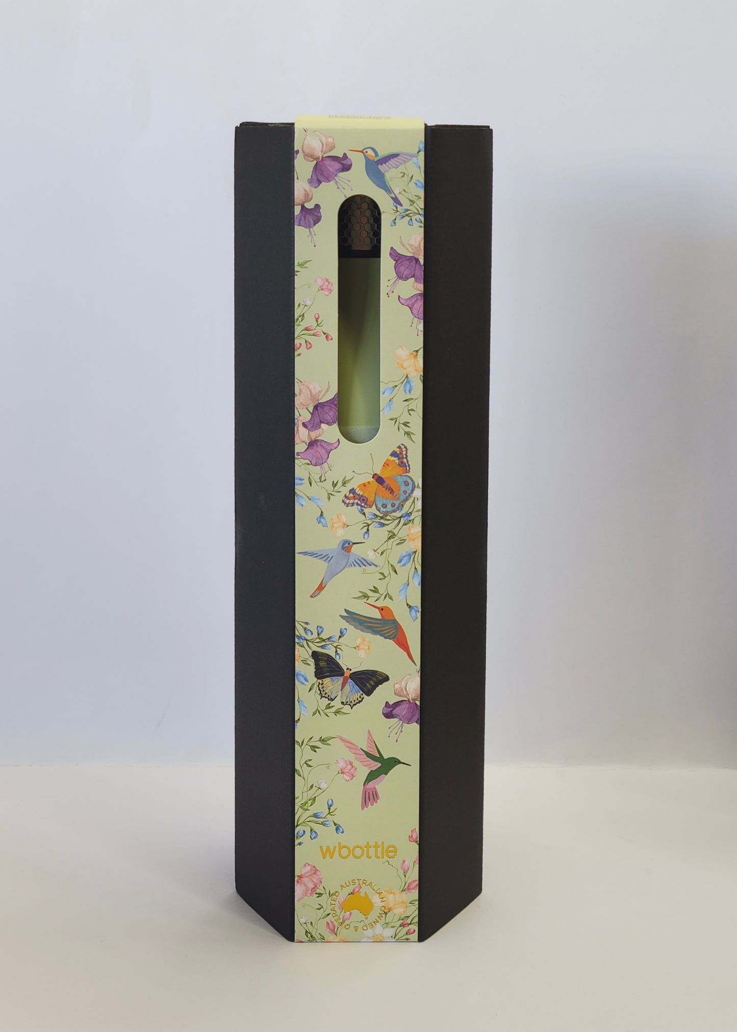 Front view of Green Butterfly Thermal Tea Flask 500ml / 17oz retail packaging, showcasing the insulated tea flask and built-in tea infuser design.