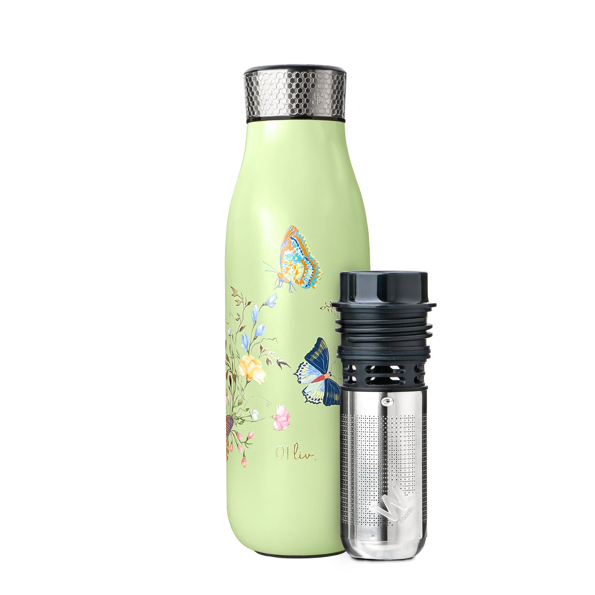 Green Butterfly Thermal Tea Flask 500ml / 17oz displayed with its stainless steel tea infuser beside the bottle, showcasing convenient loose-leaf tea brewing.