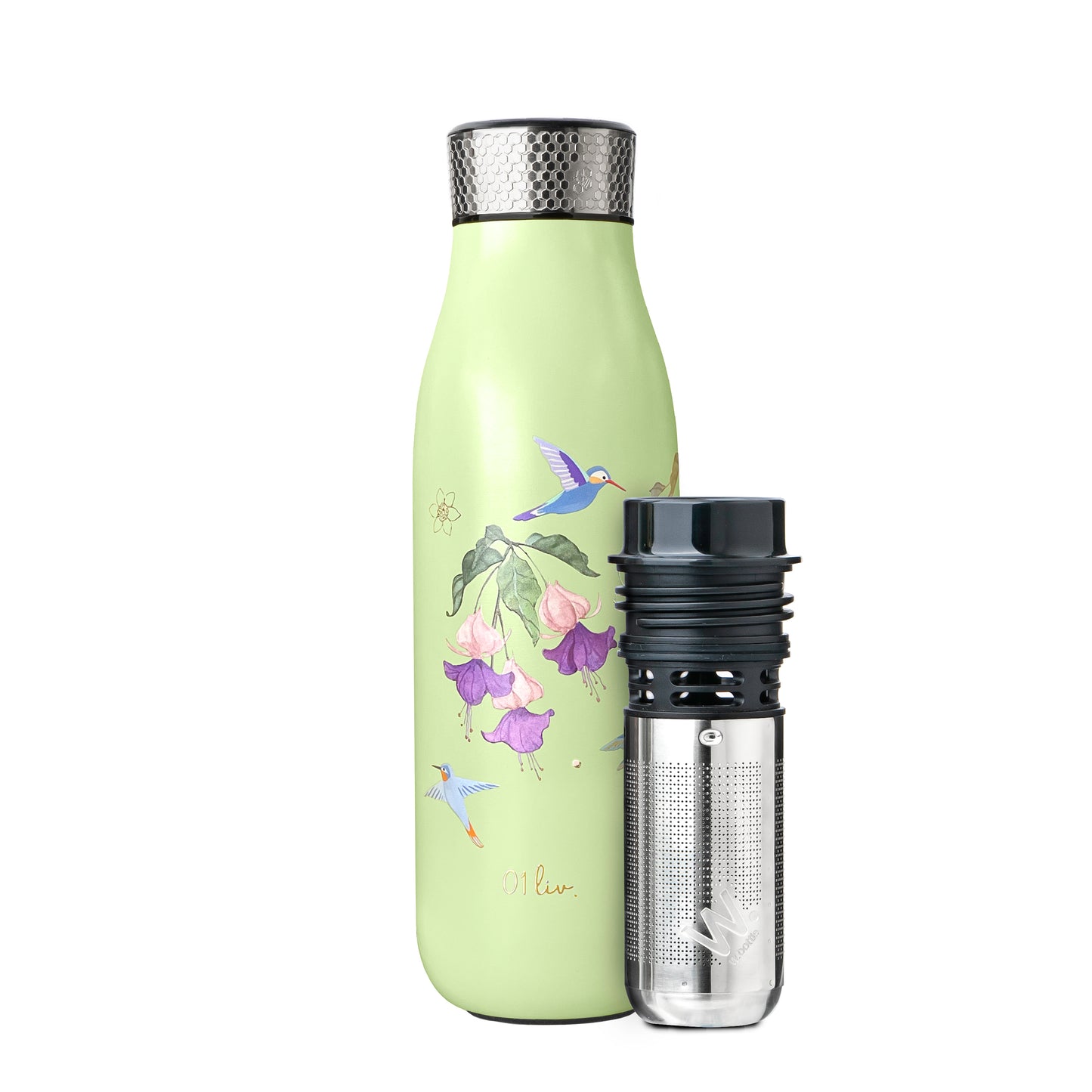 Green Hummingbird Thermal Tea Flask 500ml / 17oz displayed with its stainless steel tea infuser beside the bottle, showcasing convenient loose-leaf tea brewing.