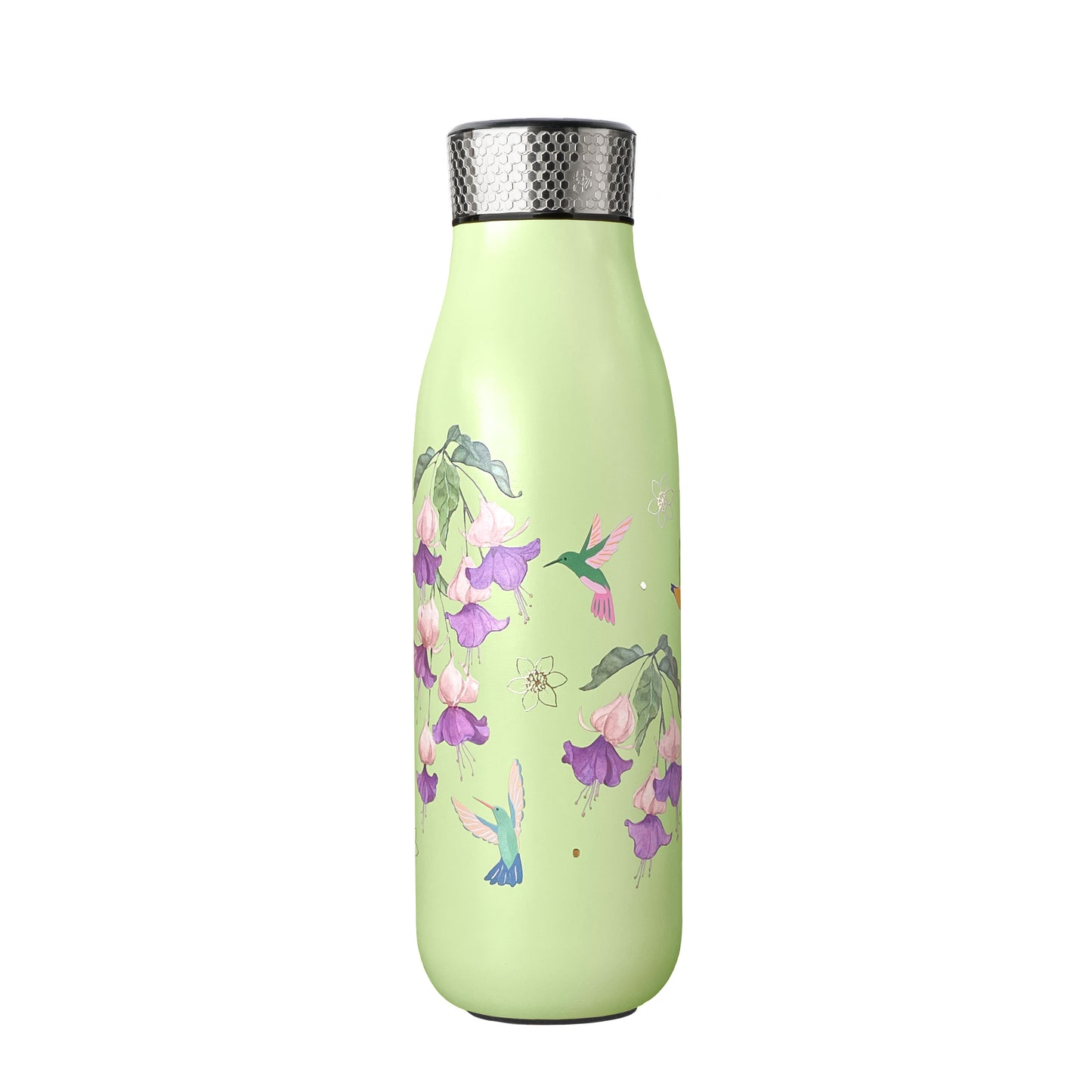 Hummingbird Thermal Tea Flask in Green, 500ml / 17oz, with built-in stainless steel tea infuser and vacuum-insulated stainless steel body.