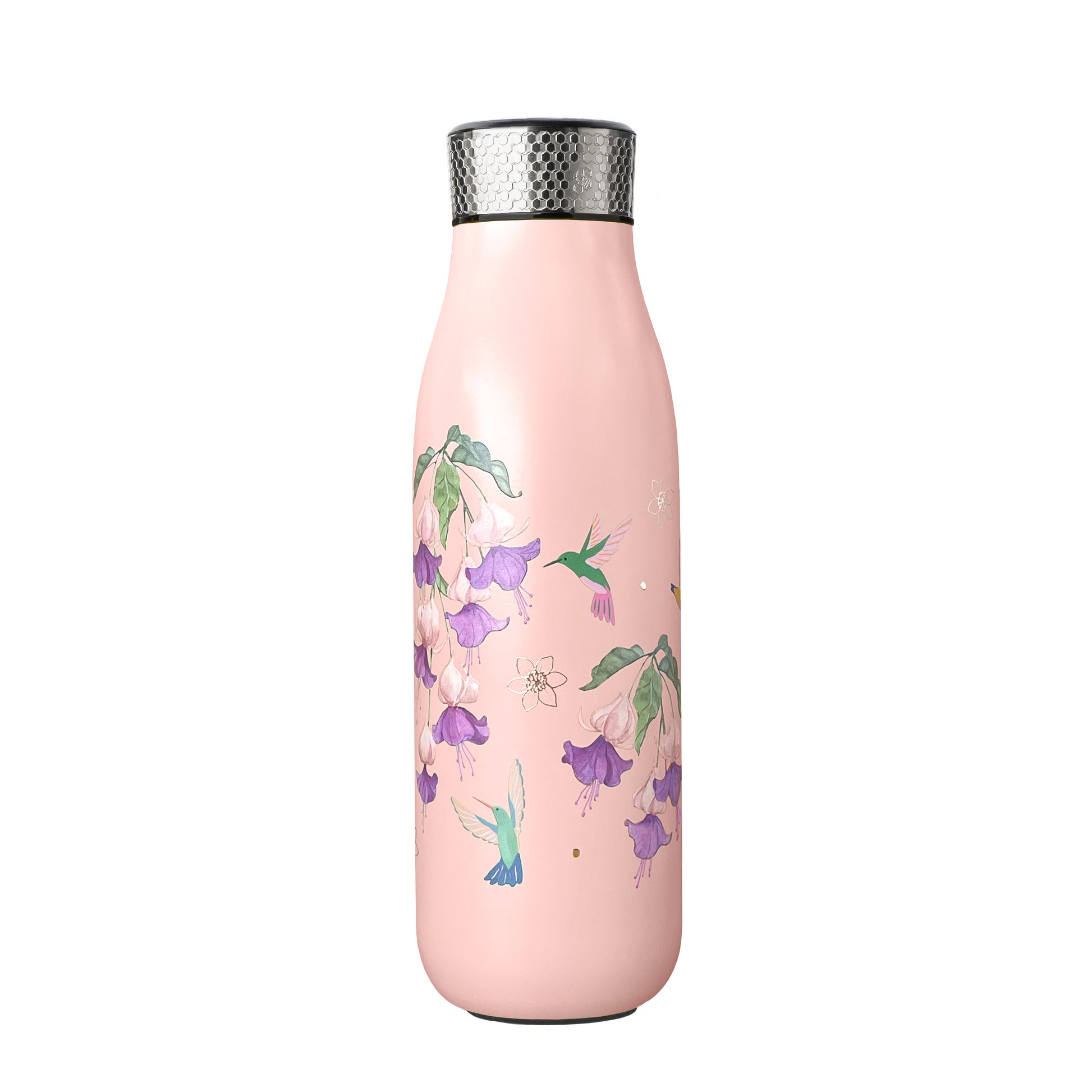 Hummingbird Thermal Tea Flask in Pink, 500ml / 17oz, with built-in stainless steel tea infuser and vacuum-insulated stainless steel body.