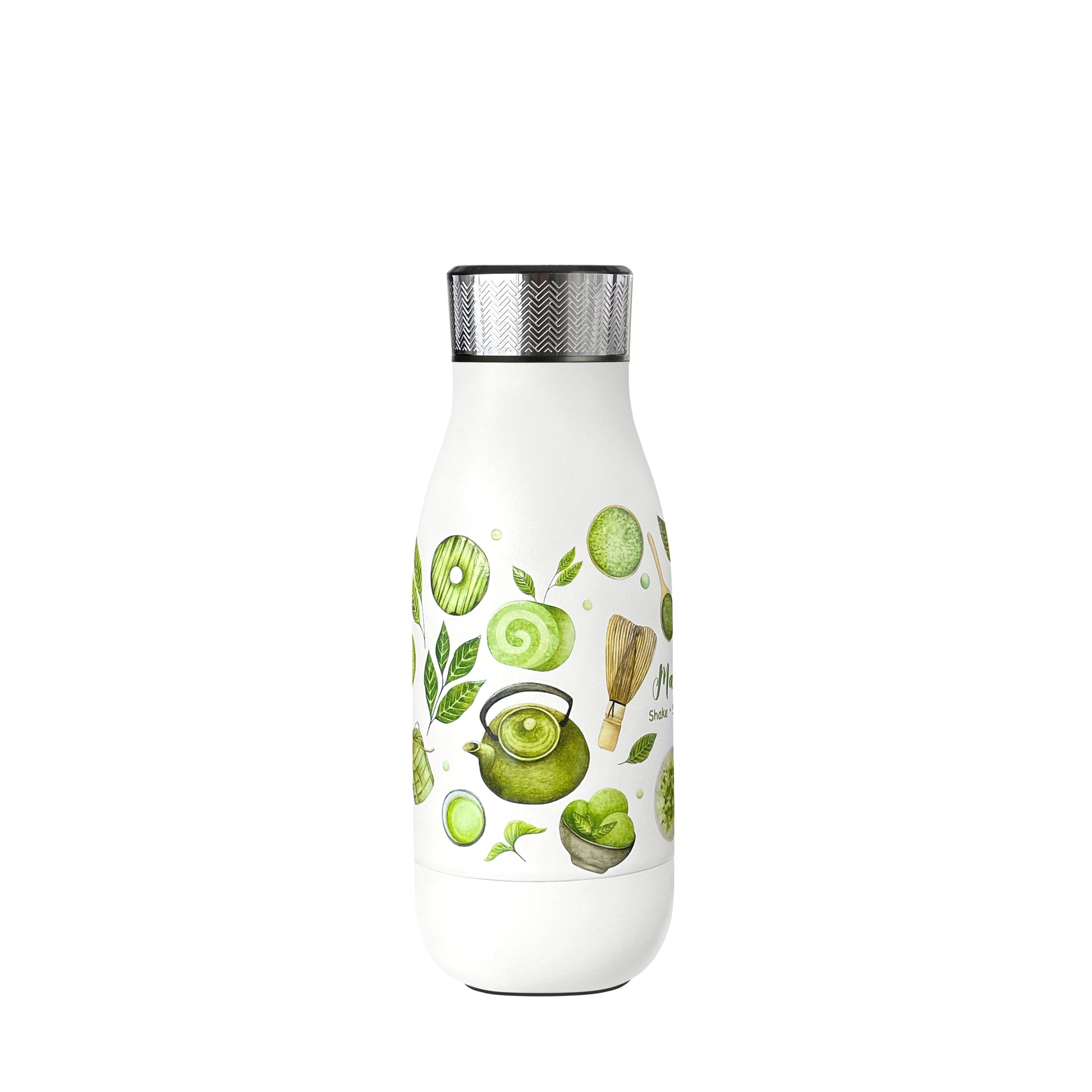 Matcha Lover Flask™ in Limited Edition Pattern with built-in whisk system, showing the back side pattern, combining stylish design with convenient on-the-go matcha preparation.