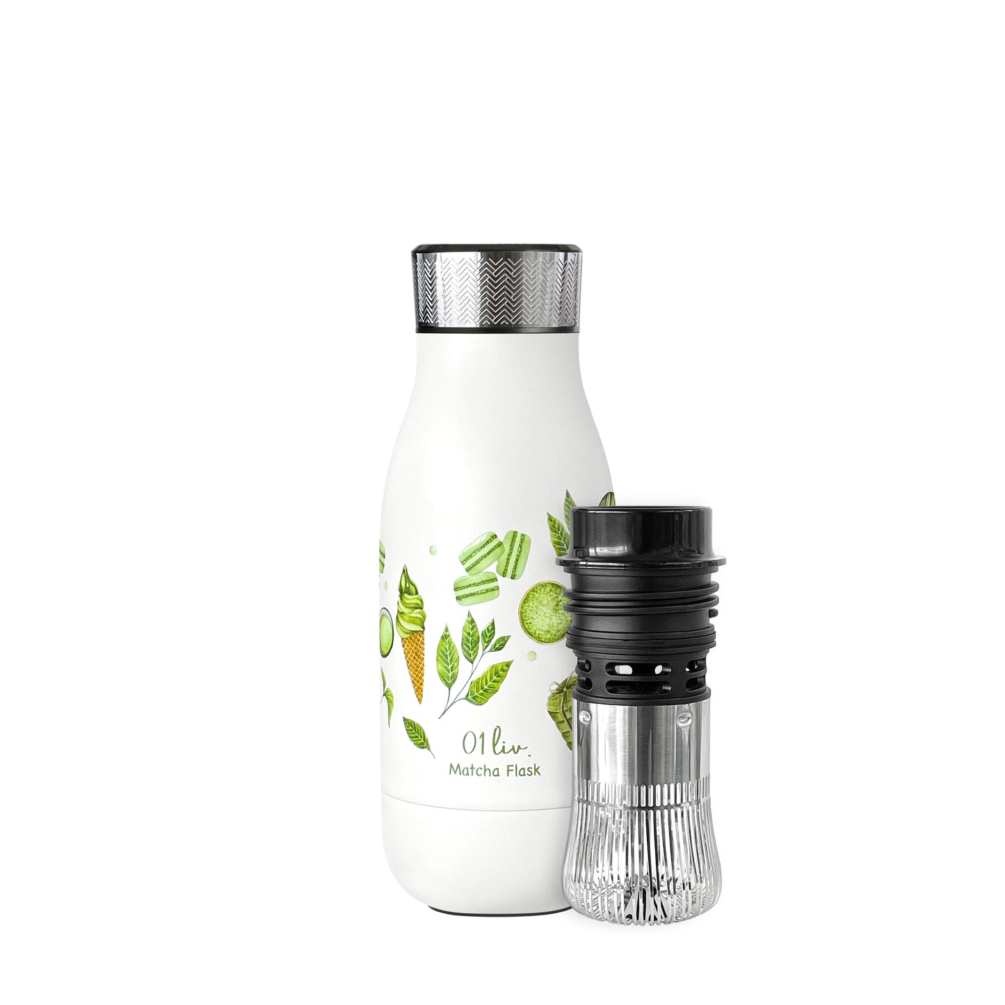 Limited Edition Pattern Matcha Lover Flask™ displayed with its matcha whisk alongside the bottle, designed for effortless matcha preparation on the go.
