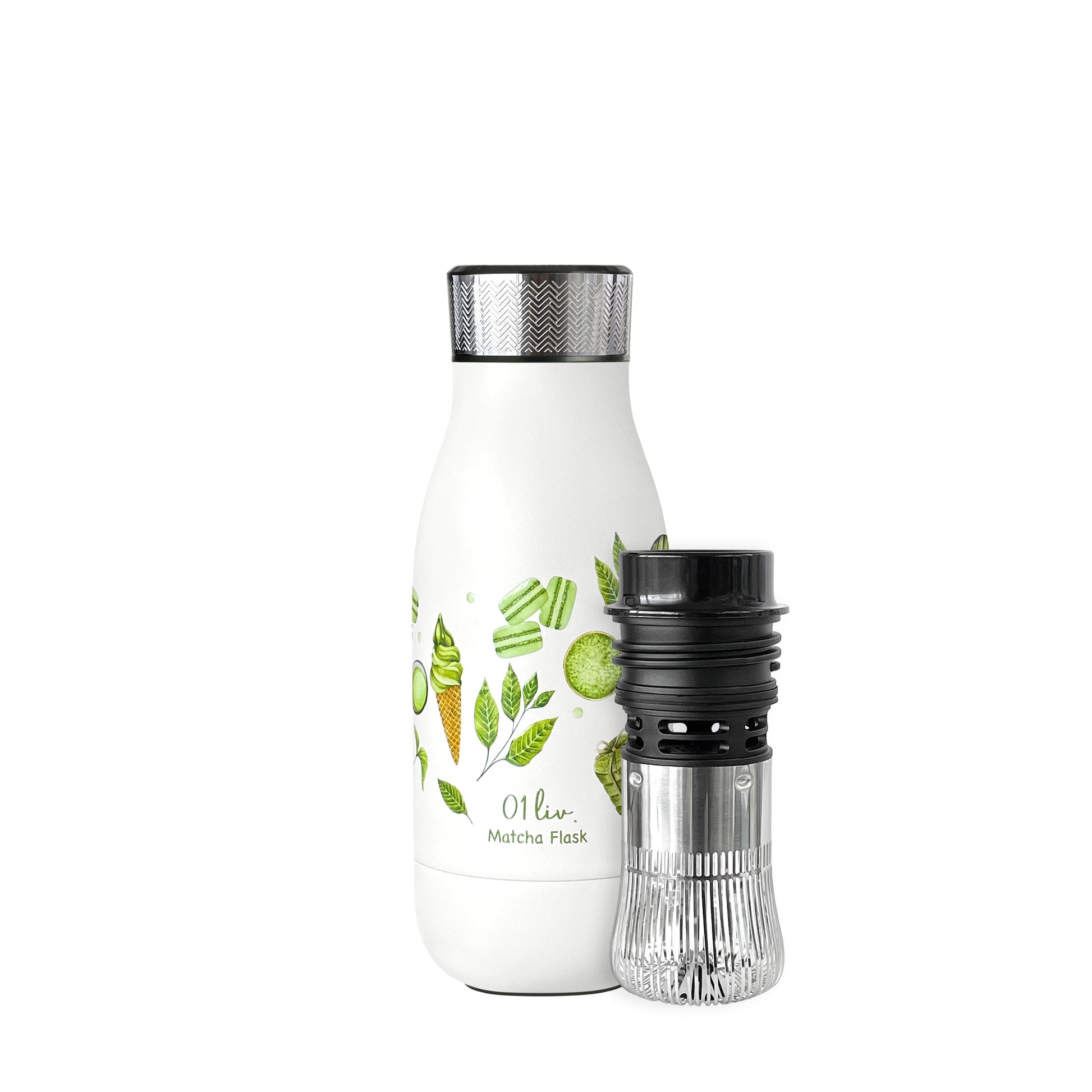 Limited Edition Pattern Matcha Lover Flask™ displayed with its matcha whisk alongside the bottle, designed for effortless matcha preparation on the go.