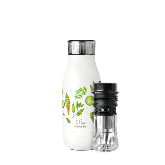 Limited Edition Pattern Matcha Lover Flask™ displayed with its matcha whisk alongside the bottle, designed for effortless matcha preparation on the go.
