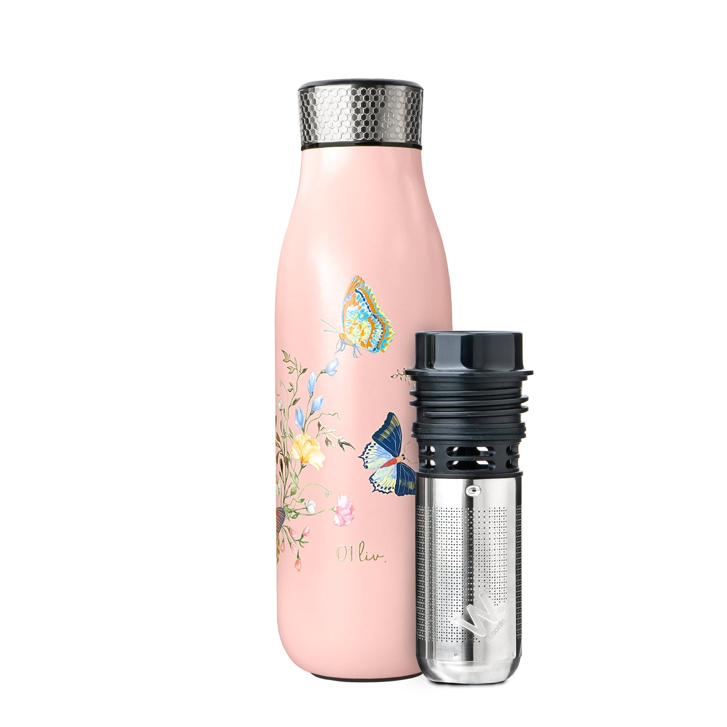 Pink Butterfly Thermal Tea Flask 500ml / 17oz displayed with its stainless steel tea infuser beside the bottle, showcasing the built-in loose-leaf tea brewing system.