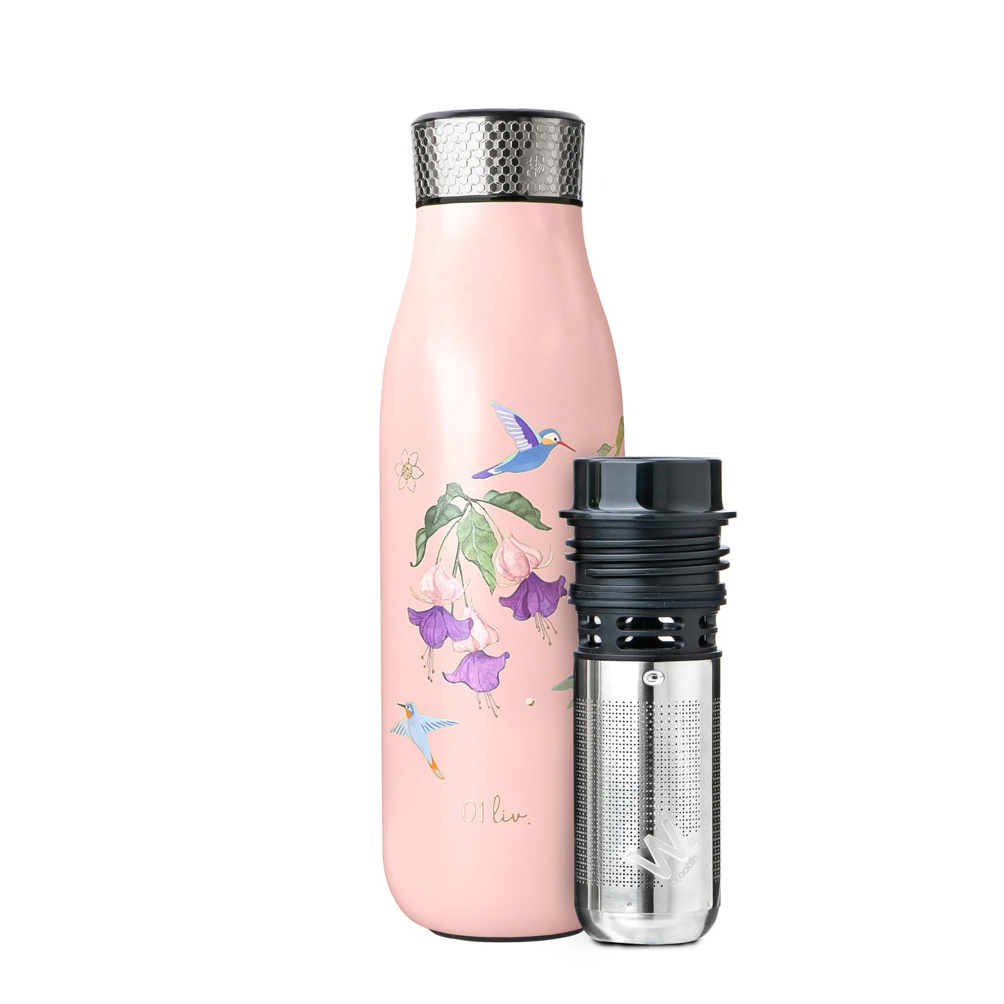 Pink Hummingbird Thermal Tea Flask 500ml / 17oz displayed with its stainless steel tea infuser beside the bottle, showcasing the built-in loose-leaf tea brewing system.