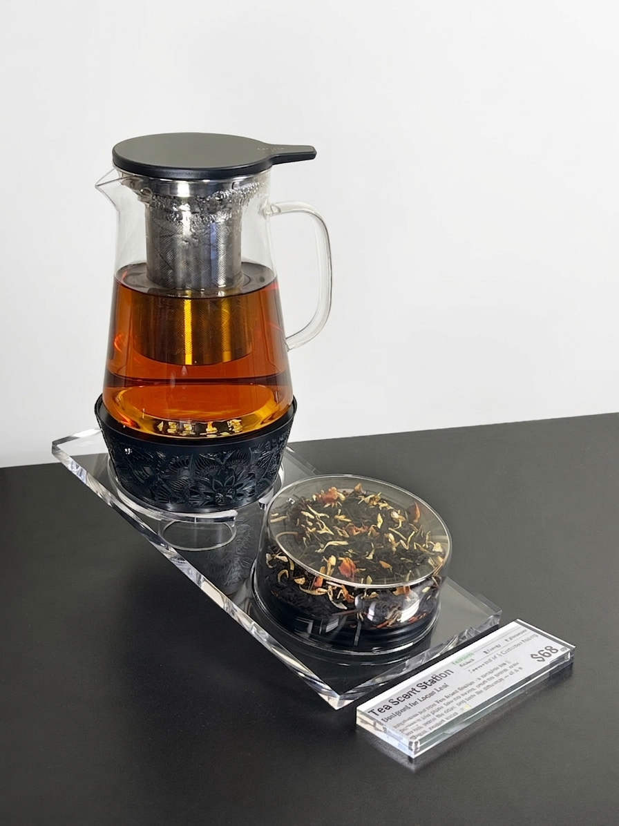 Tea Scent Station tea set on a clear acrylic stand, featuring a glass teapot with infuser and metal tea warmer, a Aroma Scent Cup filled with loose-leaf tea, and a small acrylic label plate with printed price/brand card.