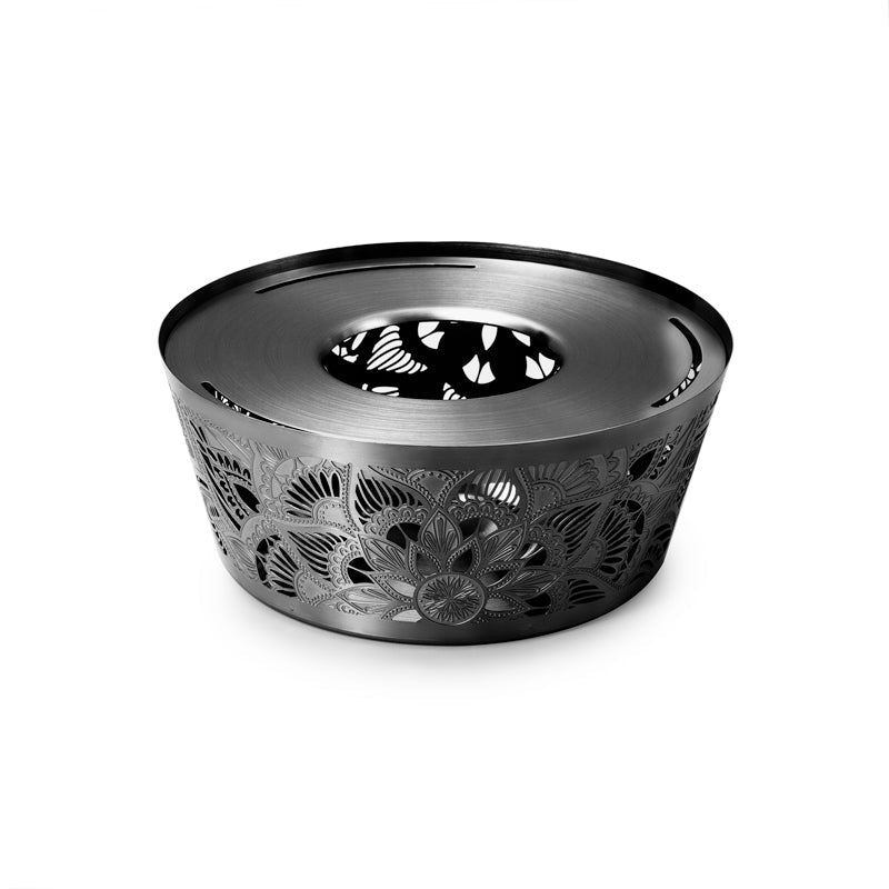 Black Mandala Tea Warmer with decorative patterned design, created to keep teapots warm using a standard tealight candle while enhancing the tea serving experience.