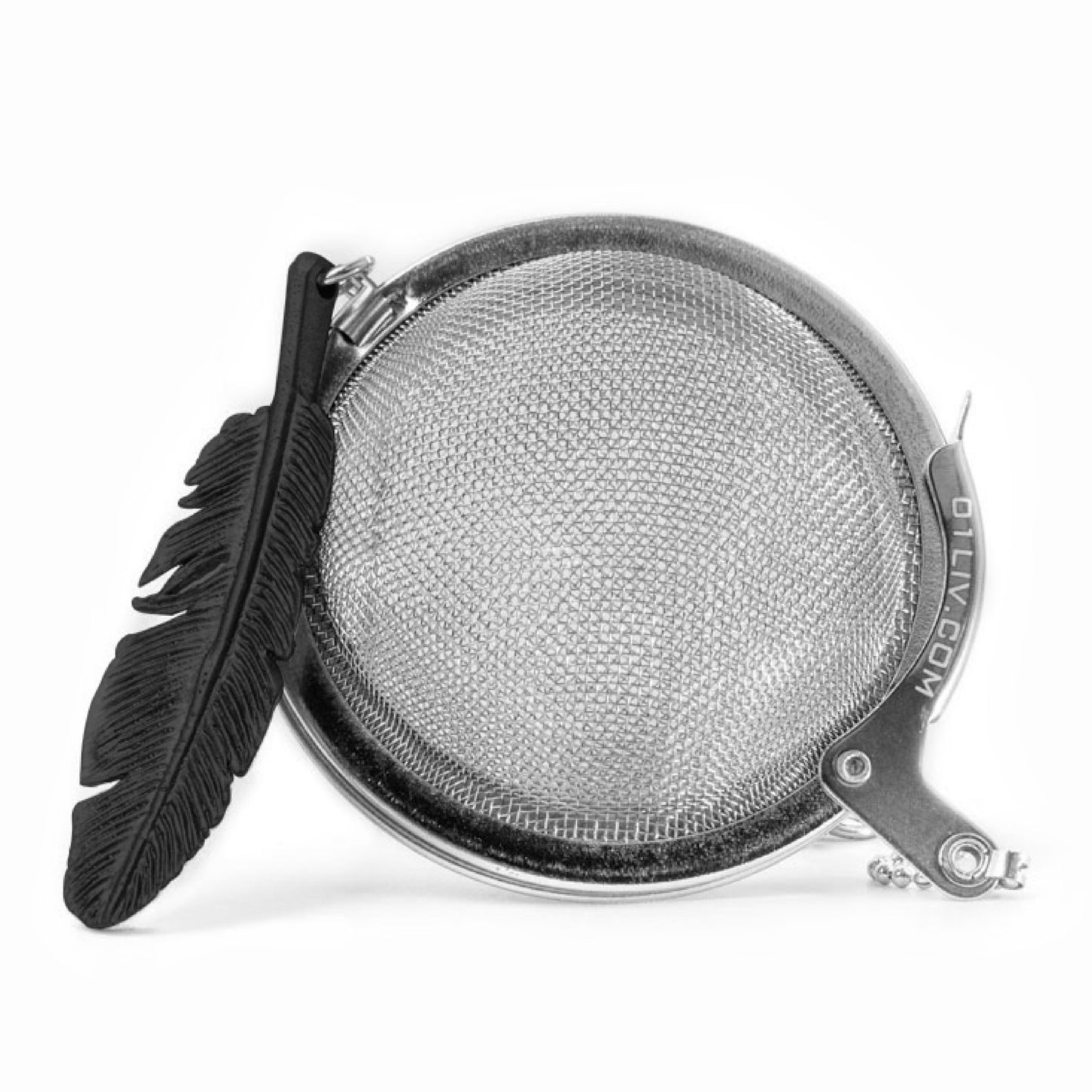Loose Leaf Tea Ball Infuser crafted from 304 food-grade stainless steel with fine mesh, attached chain and decorative Black Feather charm for easy loose-leaf tea brewing.