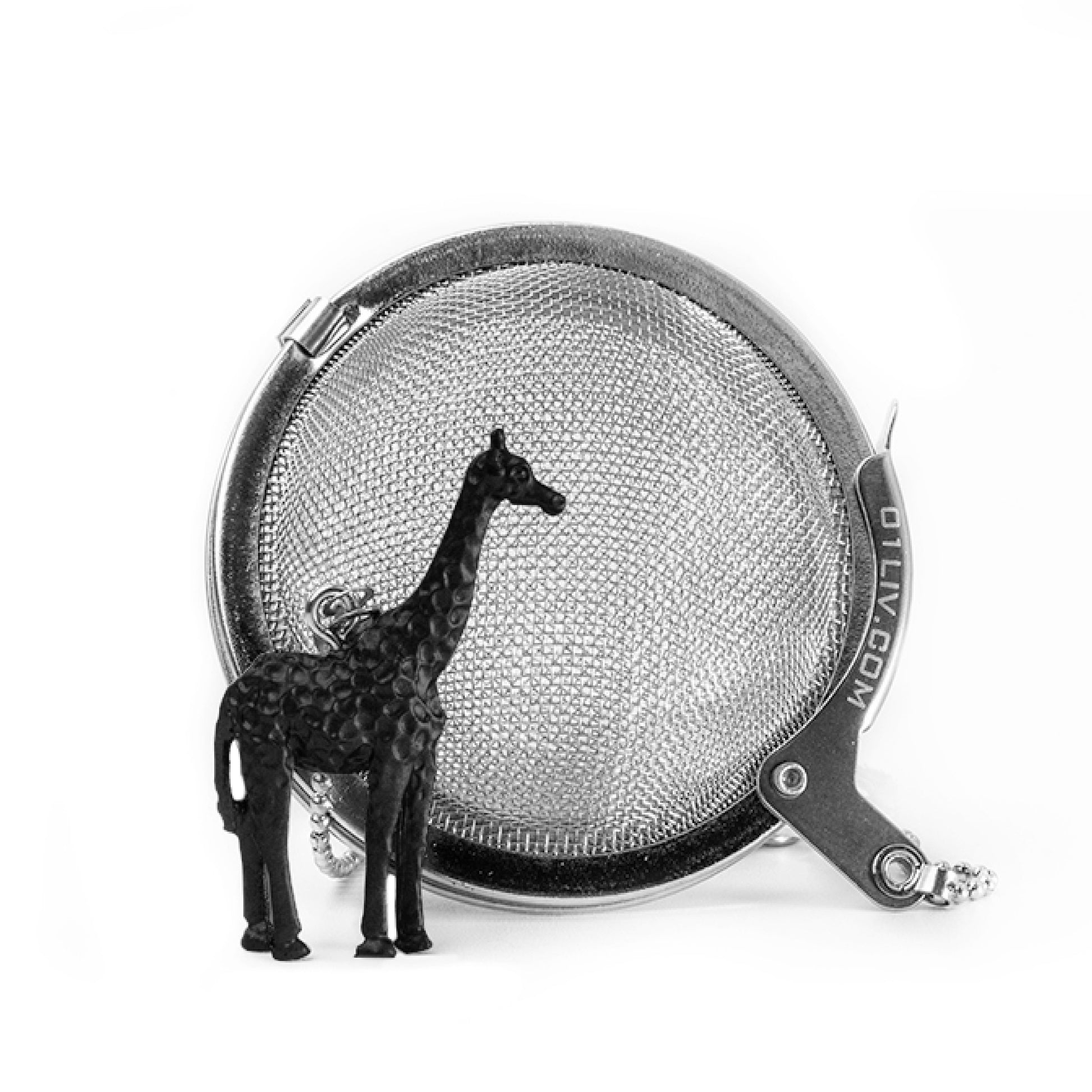Loose Leaf Tea Ball Infuser crafted from 304 food-grade stainless steel with fine mesh, attached chain and decorative Giraffe charm for easy loose-leaf tea brewing.