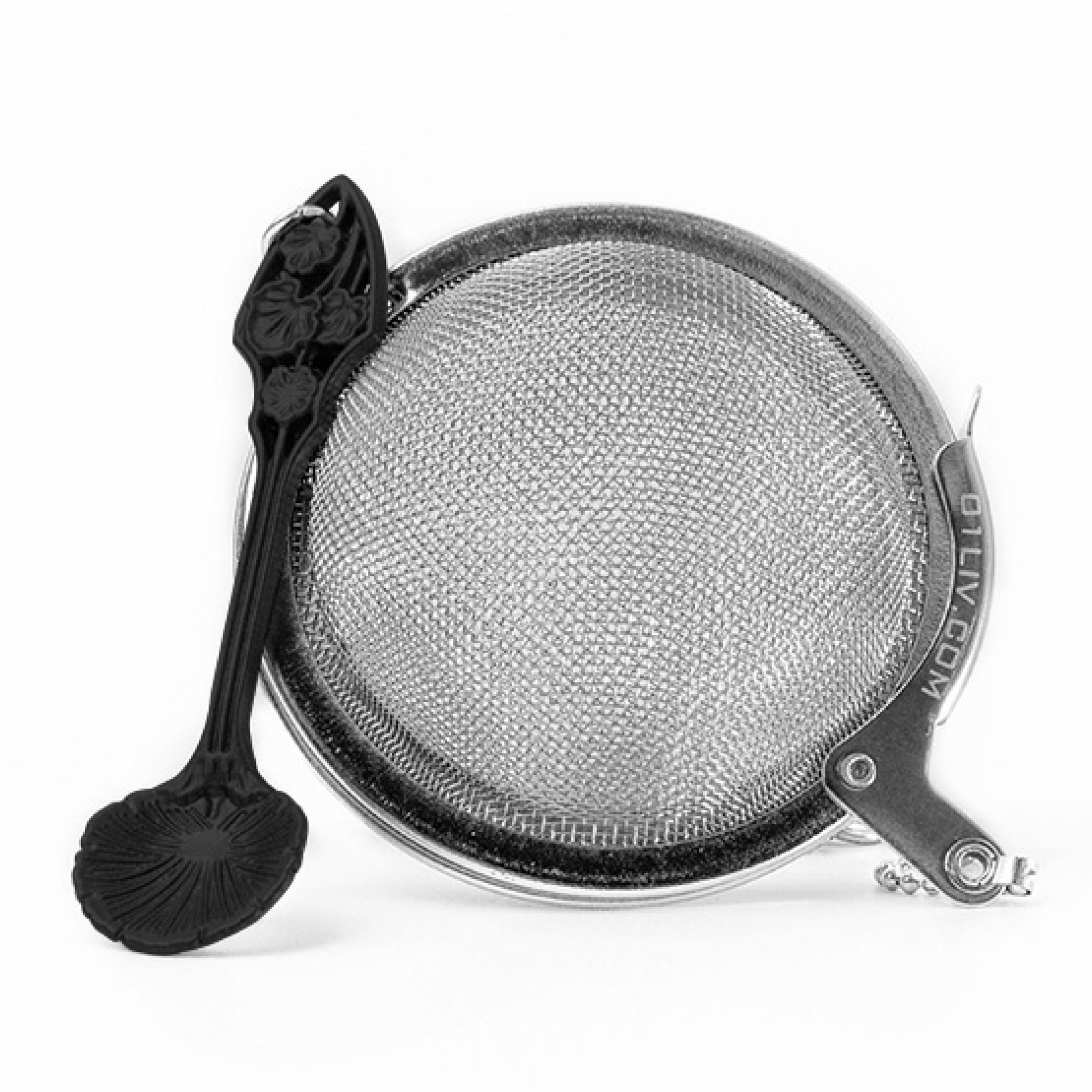 Loose Leaf Tea Ball Infuser crafted from 304 food-grade stainless steel with fine mesh, attached chain and decorative Black Lobed Spoon charm for easy loose-leaf tea brewing.