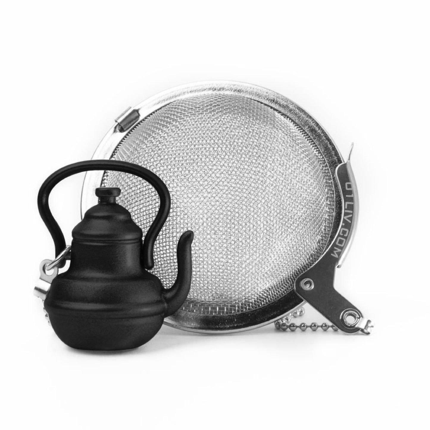 Loose Leaf Tea Ball Infuser crafted from 304 food-grade stainless steel with fine mesh, attached chain and decorative Tall Teapot charm for easy loose-leaf tea brewing.
