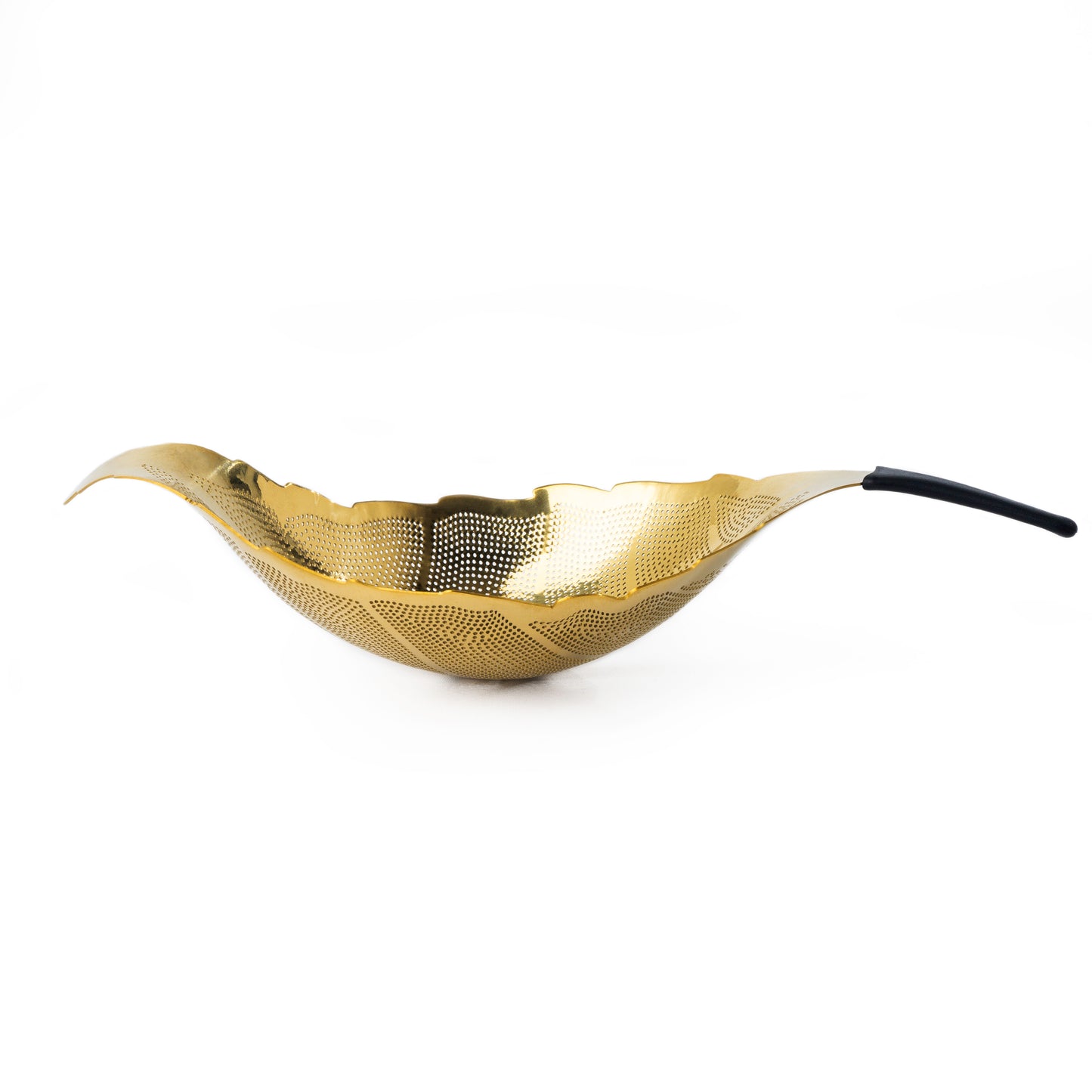 Gold Yezi™ Leaf Tea Strainer in leaf-shaped modern design, made from 304 stainless steel for filtering loose-leaf tea and sediment while pouring.